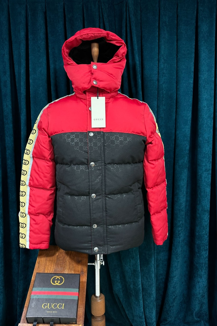 Gucci Kırmızı Siyah Bloklu Gucci Desen Kol Detay Premium Erkek Mont