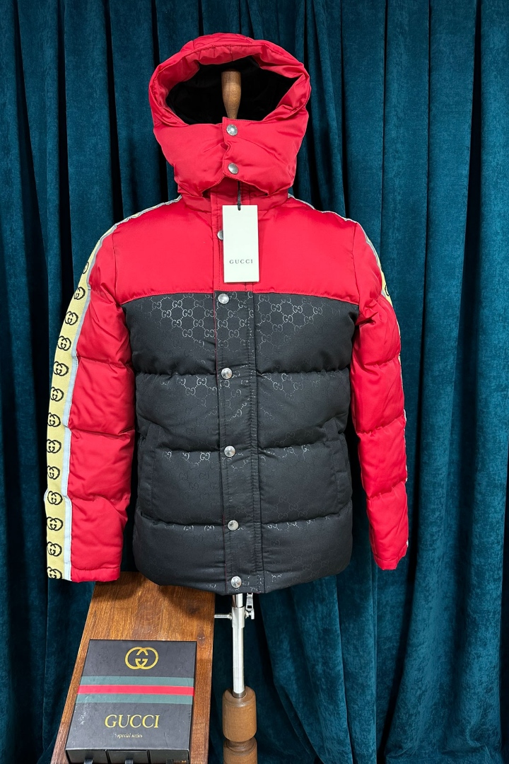 Gucci Kırmızı Siyah Bloklu Gucci Desen Kol Detay Premium Erkek Mont