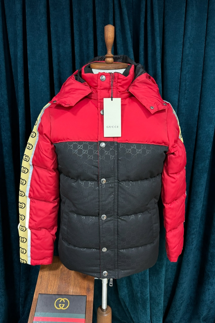 Gucci Kırmızı Siyah Bloklu Gucci Desen Kol Detay Premium Erkek Mont
